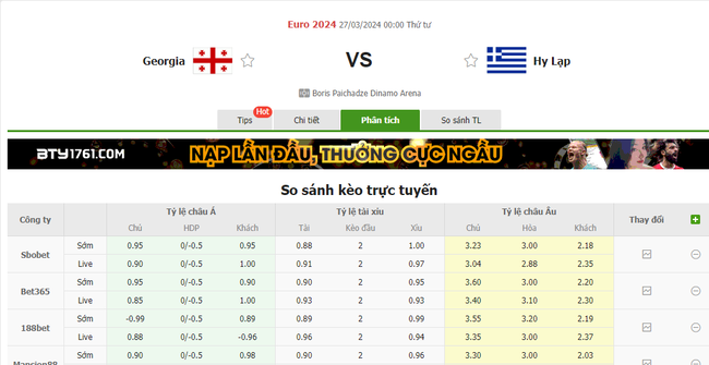 Tỷ lệ kèo Georgia vs Hy Lạp