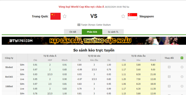 Tỷ lệ kèo Trung Quốc vs Singapore